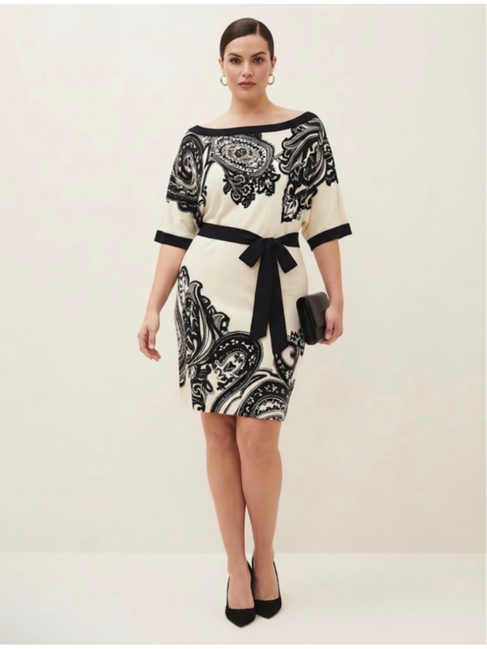 White House Black Market Midi Dress Size L Beige Black Paisley